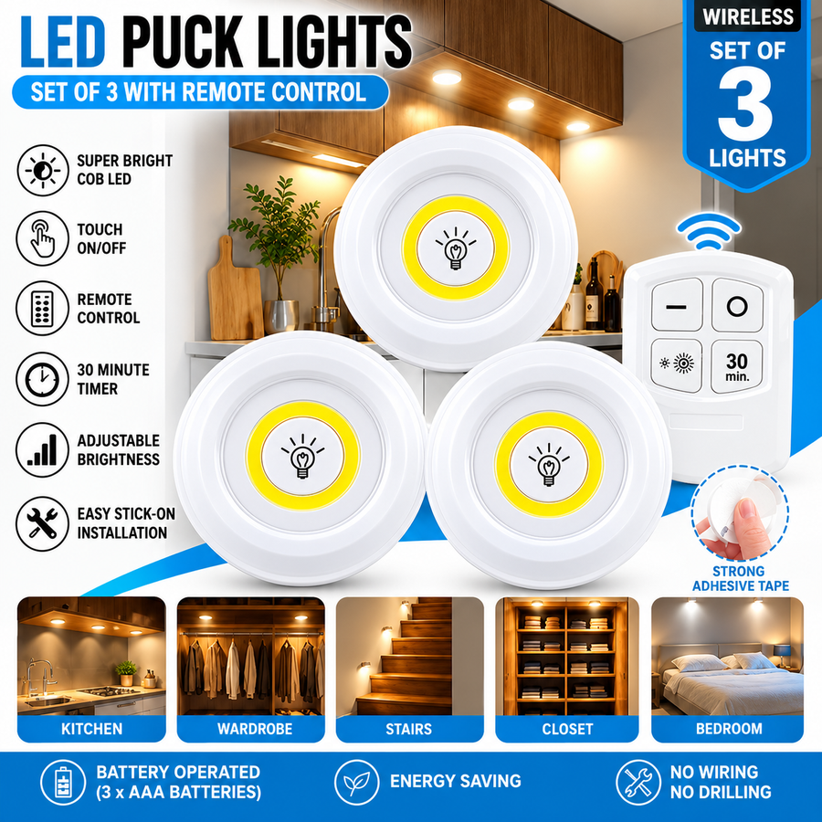 Wireless LED Puck Lights with Remote Control – Set of 3